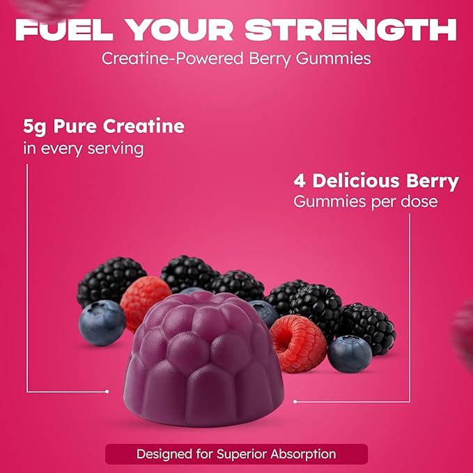 Creatine Monohydrate Gummies 5000mg – 5g per Serving – Sugar Free Vegan Creatine Supplement for Men &amp Women – Muscle Growth Strength Recovery &amp Energy – 120 Count Mixed Berry Flavor
