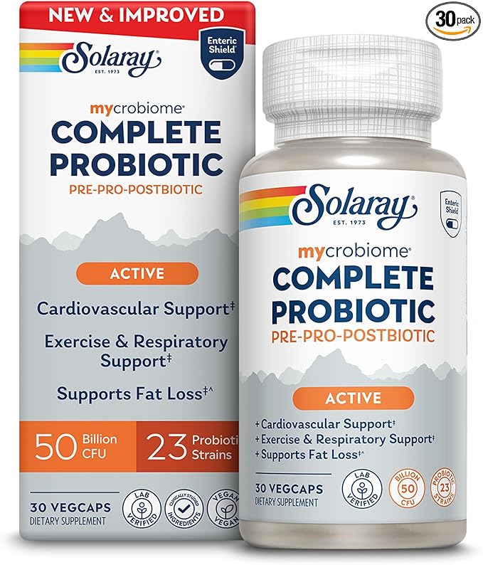 SOLARAY Mycrobiome Complete Probiotic Active - Pre and Probiotics for Women and Men Plus Postbiotic - 50 Billion CFU 23 Strains - Vegan Clinically Studied Ingredients - 30 Servings 30 VegCaps