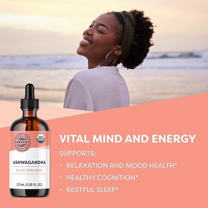 VIMERGY USDA Organic Ashwagandha Liquid Extract 57 Servings –Stress Supplement Drops – Adaptogen - Supports Cognitive Function – Sleep Support – Alcohol-Free Non-GMO Vegan &amp Paleo Friendly (115