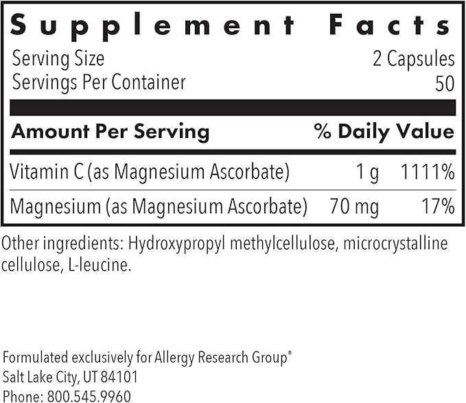 Allergy Research Group Magnesium Ascorbate Supplement - 1000mg Buffered Vitamin C Immune Support Magnesium Powder Vegetarian Capsules - 100 Count