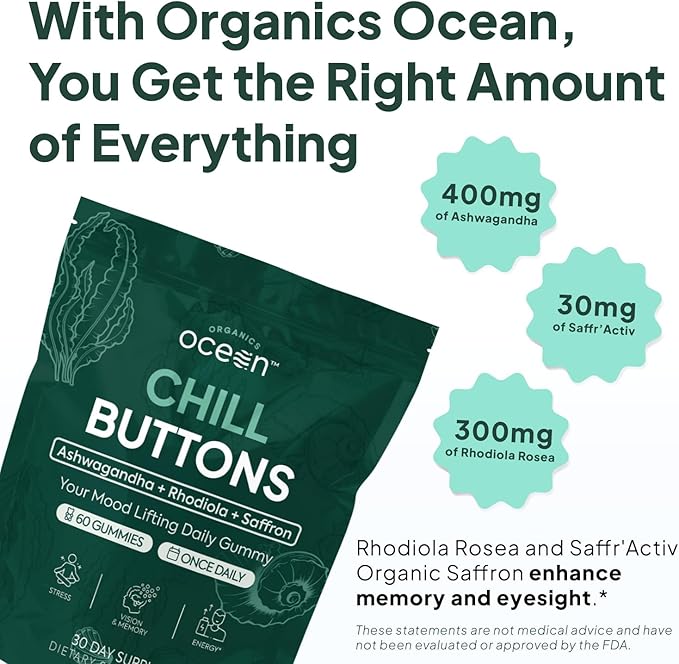 Organics Ocean Chill Buttons – Natural Ashwagandha Gummy Supplement with Organic KSM-66 Saffron &amp Rhodiola Rosea – Supports Relaxation Mood Focus &amp Energy - 3-Pack 180 Count