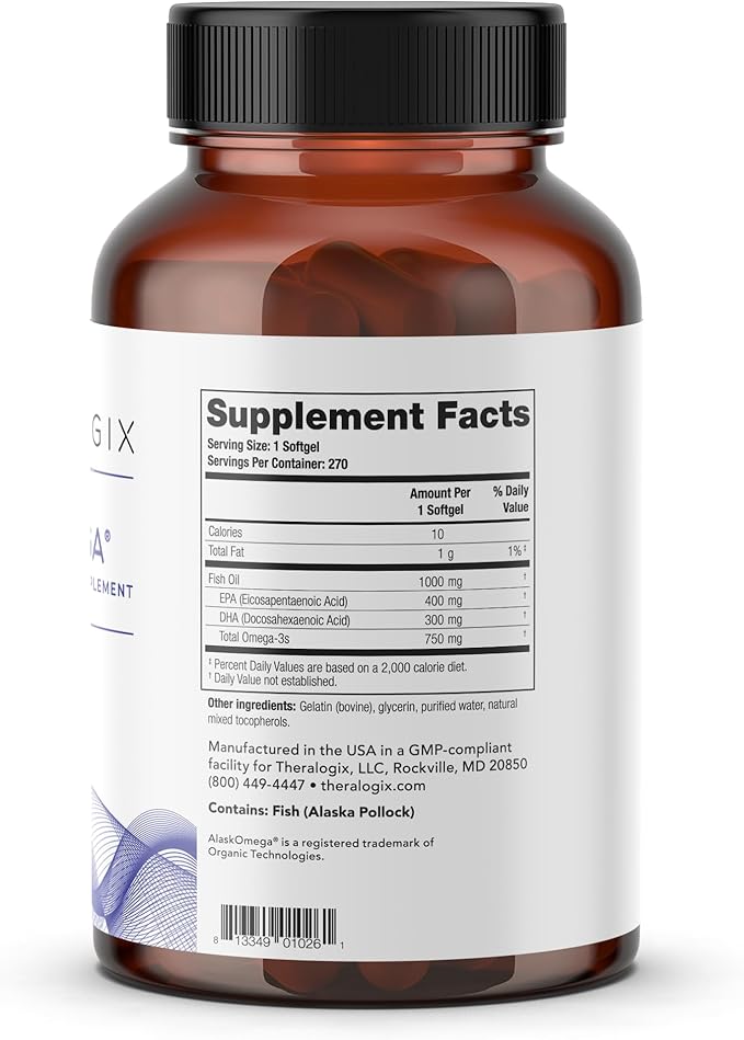 Theralogix TherOmega Omega-3 Fish Oil Supplement - Supports Heart Brain Immune &amp Joint Health* - 700 mg DHA &amp EPA from Wild Alaska Pollock - Sustainably Sourced - NSF Certified - 270 Softgel