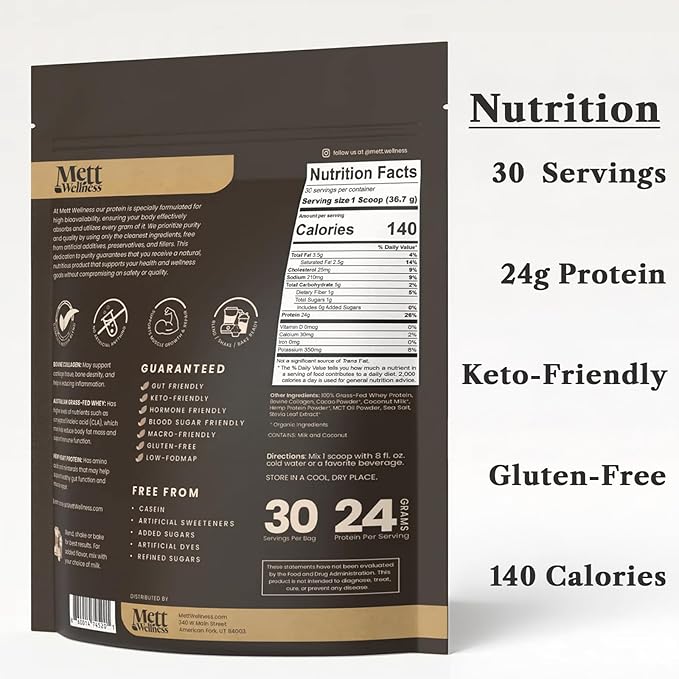 Dark Chocolate Grass-Fed Whey + Hemp Heart Protein Powder with Bovine Collagen | 24g Protein per Serving | Supports Digestion &amp Daily Wellness | 2.4 lbs (30 Servings)