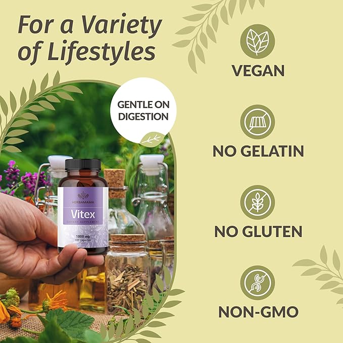 HERBAMAMA Vitex and Ashwagandha Kit - Bundle of 1000 mg Vitex Chasteberry Capsules &amp Ashwagandha Liquid Drops 2 fl oz - Vegan Non-GMO Sugar &amp Alcohol-Free - 2 Pack