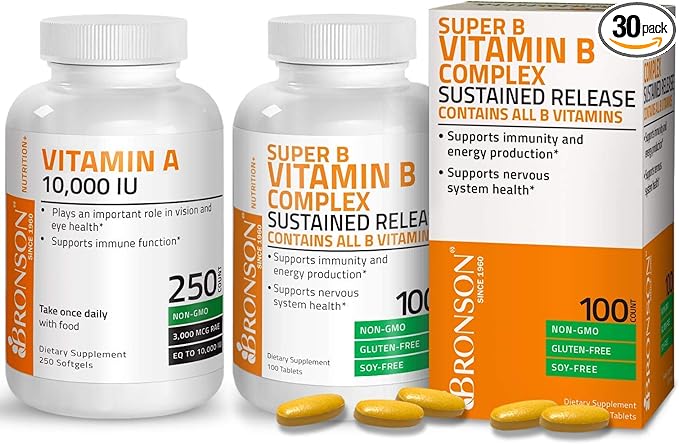 Bronson Super B Vitamin B Complex Sustained Slow Release + Vitamin A 10000 IU Premium Non-GMO Formula