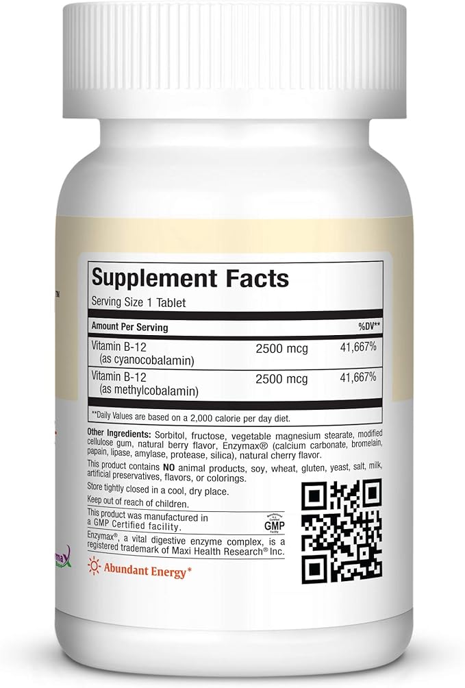 Maxi Health Chewable Vitamin B12 5000 mcg Tablets – B12 Chewables for Adults Dual Form Methylcobalamin &amp Cyanocobalamin – Dissolvable B12 Tablets – Energy Brain &amp Nerve Support – Kosher – 60