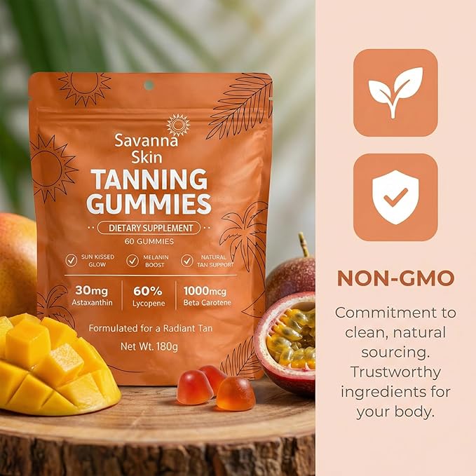 Savanna Skin Tanning Gummies with Vitamin C &amp E Astaxanthin Beta Carotene Skin Radiance &amp Hydration for Natural Looking Glow Bronzing Non-GMO Vegan &amp Sugar Free - 60 Count (1)