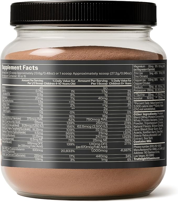 TruHeight Growth Protein Shake (Chocolate Milk Flavor Whey) Tall Nutrition for Natural Growth &amp Development - Protein Powder for Kids &amp Teens Weight Gain Drinks - Picky Eater Vitamin Taller