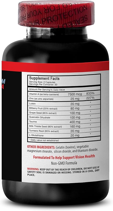 L-Glutathione - Eye Vision Guard - Grape Lutein Quercetin Dihydrate Taurine Bilberry Fruit Turmeric Root Milk Thistle L-Glutathione Grape Lutein Taurine 3 Bottles 180 Capsules