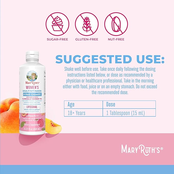 MaryRuth Organics Sea Moss Liposomal (Citrus Berry) &amp Women's Multivitamin + Hair Growth (Peach) | Clean Label Project Verified® | Vitamins for Energy Beauty &amp Immunity | Vegan Non-GMO