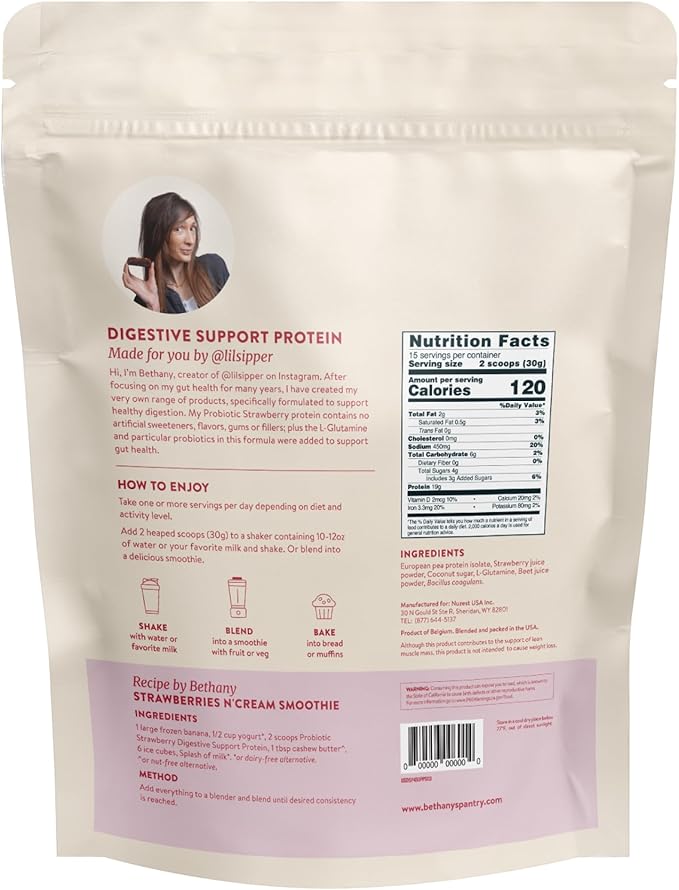 BETHANY'S PANTRY Digestive Support Protein Powder - Vegan Pea Protein with Probiotics &amp L-Glutamine - Only 5 Ingredients Non-GMO Project Verified No Artificial Sweeteners Gluten Free (Strawberr