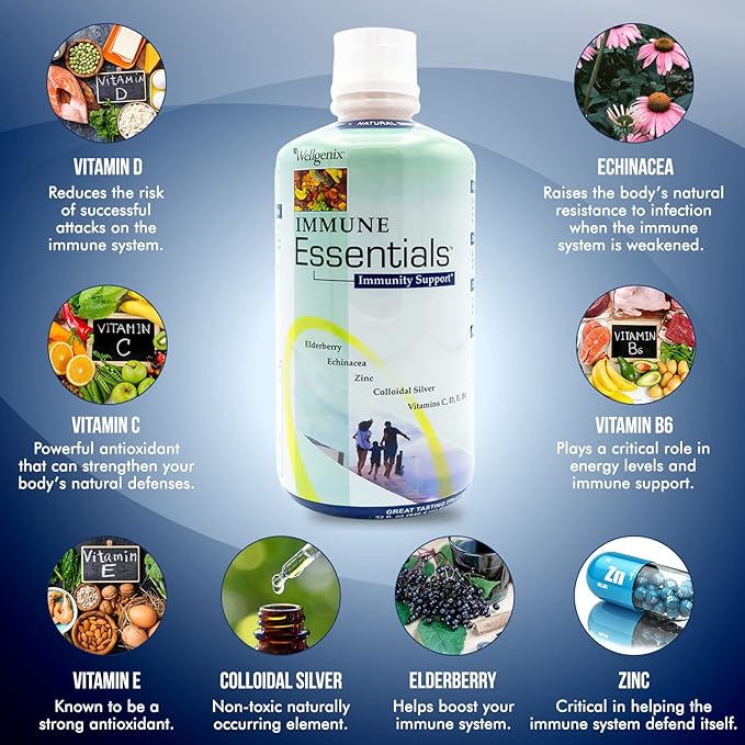 Wellgenix Immune Essentials – 12 in 1 Natural Immune System Support Supplement - Liquid Nutritional Multivitamin - Boosts Immune System and Overall Health For Kids &amp Adults - Fruit Punch Flavor 32