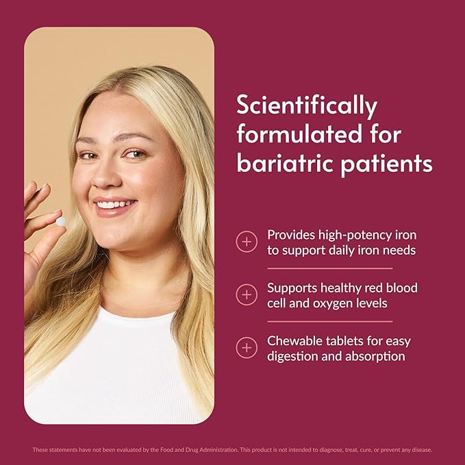 Bariatric Advantage Chewable Iron 60 mg with Vitamin C for Increased Absorption and Utilization Easily Digestible for Gastric Bypass and Sleeve Gastrectomy Surgery Patients - Lemon Lime 90 Count