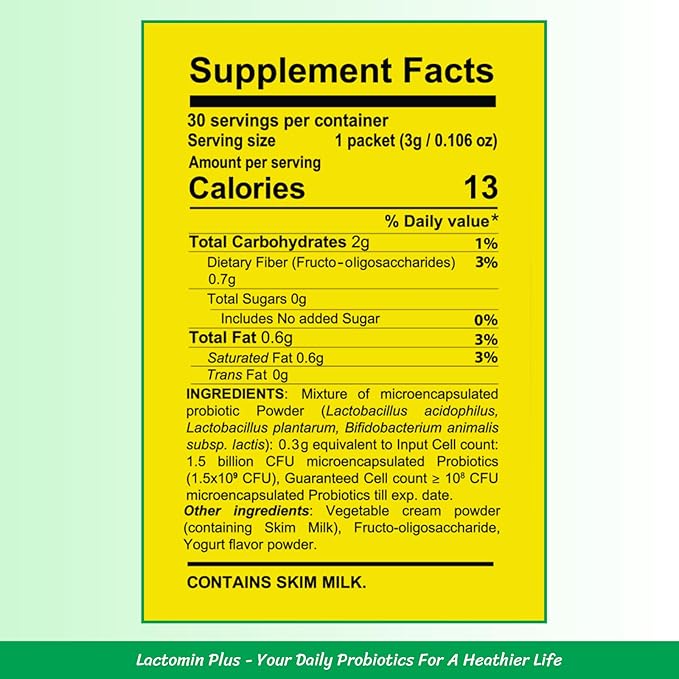 Probiotics - LactominPlus-3 Probiotics Strains - Powder - Sweet Yogurt Flavor - 30 Sticks x 3g (1month) 1.5 Billion CFU with Prebiotics(FOS) Constipation &amp Bloating Relief Microencapsulated