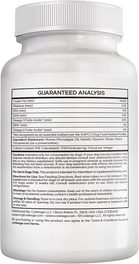 Algal Oil Complex for Dogs – Omega 3 &amp 6 Fatty Acids with EPA &amp DHA from Microalgae – Fish-Free Omega Oil Supplement for Dogs – All Breeds – 60 Softgels