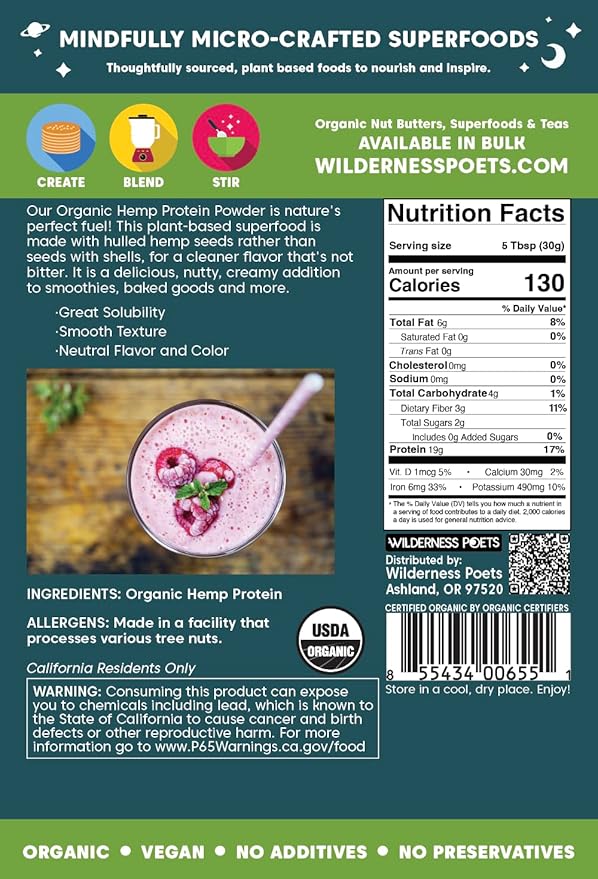Wilderness Poets Cold Pressed Organic Hemp Protein Powder (64 Ounce - 4 Pound)