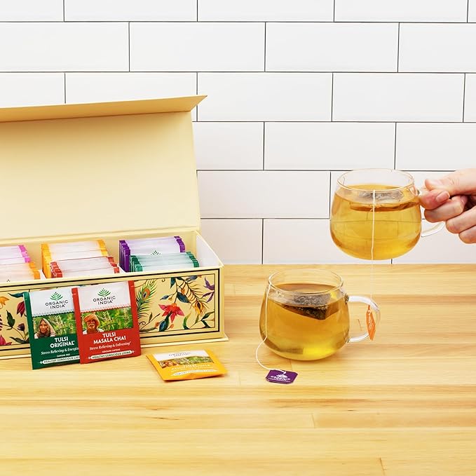 Organic India Tea Sampler Box Variety Pack - Tulsi Herbal Tea Gift Set Hot Tea Assortment Holy Basil Ashwagandha Turmeric Ginger Sweet Rose Original Sleep Masala Chai - 60 Tea Bags