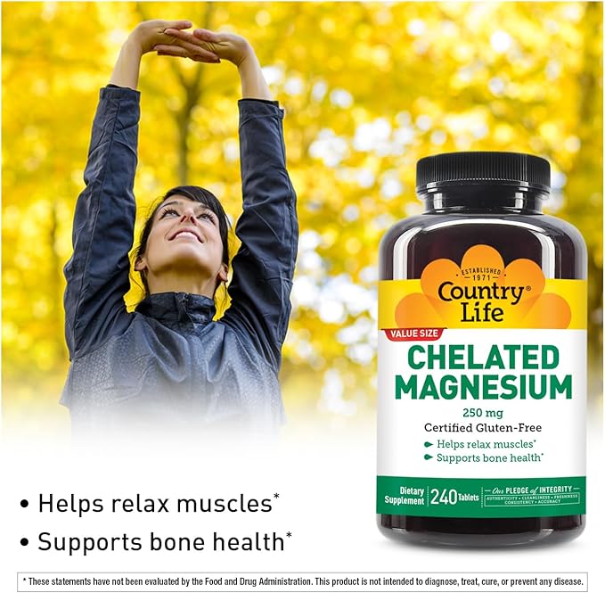 Country Life Chelated Magnesium 250mg Supports Bone and Immune Health Daily Supplement 240 ct