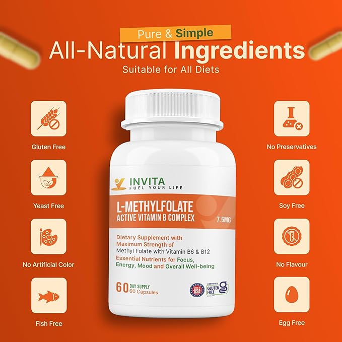INVITA L-Methylfolate 7.5mg + Active Vitamin B Complex – 60 Capsules - 5-MTHF Supplement with Vitamin B6 &amp B12 Methylcobalamin for Mood Energy and Heart – Non-GMO Gluten Free 2-Month Supply