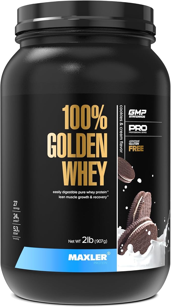 Maxler 100% Golden Whey Protein - 24g of Protein per Serving - Whey Protein Powder for Pre Post Workout - Fast-Absorbing Whey Concentrate Isolate &amp Hydrolysate Blend - Cookies &amp Cream 2 lb