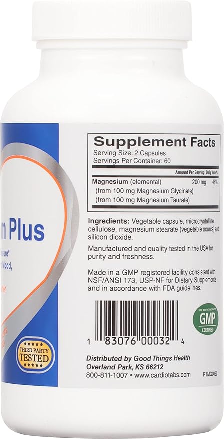Magnesium Plus – 200 mg of Magnesium Glycinate and Magnesium Taurate for Blood Pressure Heart Brain Sleep &amp Mood Support – Highly Concentrated and Well Absorbed - 120 Capsules
