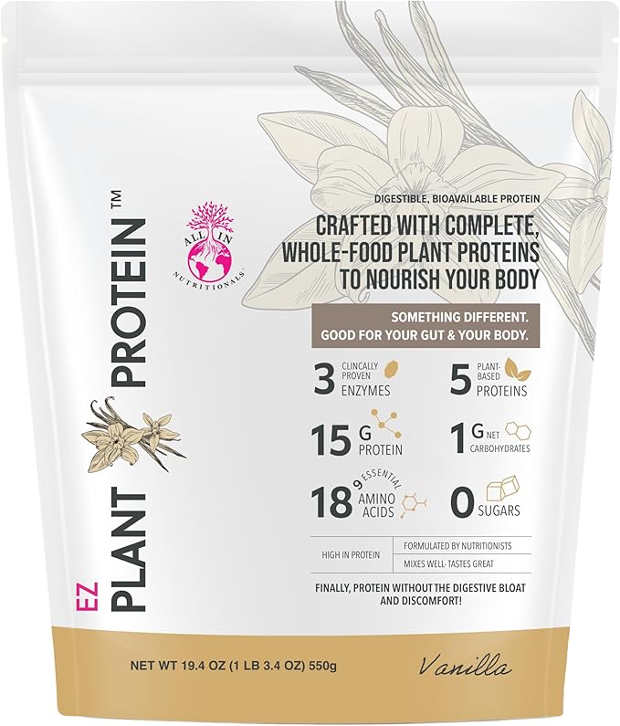 All In Nutritionals EZ Plant Protein. Plant Protein Powder with Fermented Rice Pumpkin Seed &amp Pea Sacha Inchi Digestive Enzymes Gluten-Free Non-GMO 15g Protein Vanilla Flavor 25 Servings