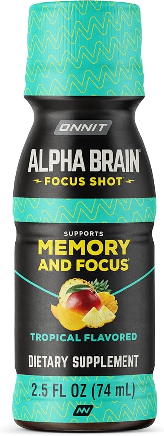 ONNIT Alpha Brain Focus Shot Tropical Flavor Nootropic Dietary Supplement Drink that Supports Energy Focus and Mood IGEN™ Non-GMO Tested 2.5 fl oz 6 Count