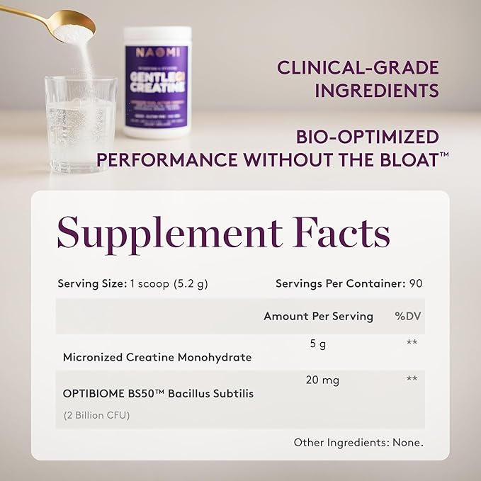 NAOMI Gentle GI Creatine with OPTIBIOME® Gut-Friendly Creatine Monohydrate for Muscle Strength Recovery &amp Mental Focus Non-GMO Clean Daily Creatine Supplement for Men &amp Women