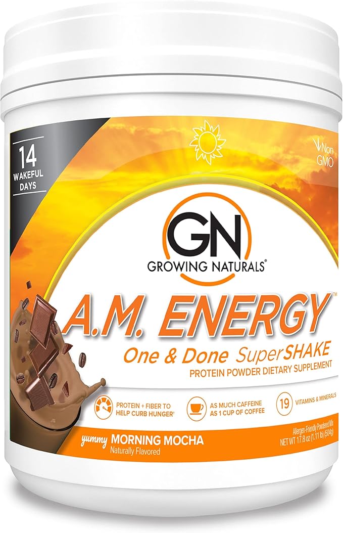 Growing Naturals All Natural Plant Based Protein One &amp Done Super Shake 18g Protein with Non-GMO High Fiber and Gluten Free A.M. Energy 1 Pound (Pack of 1)