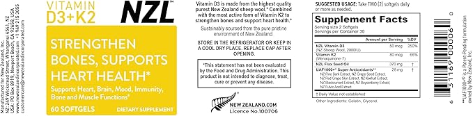 NZL Vitamin D3 &amp K2 High Potency D3 2000IU and K2 (MK7) 80mcg Unique Vitamin D3 from 100% New Zealand Sheep's Wool Lanolin. Cardiovascular Support &amp Bone Health 60 Softgels