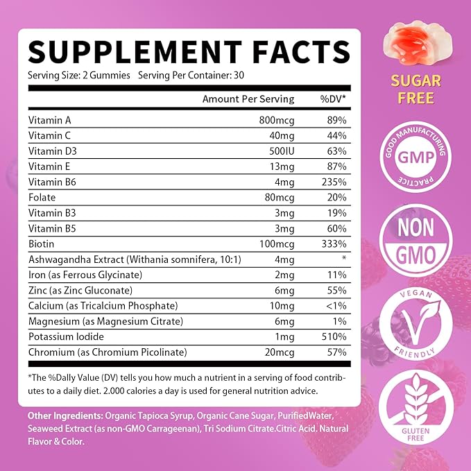 Multivitamin for Women Gummies With Iron Magnesium Folate Biotin Zinc Womens Multivitamin Gummy Vitamin D3 A C E B Complex for Beauty Energy Immune Bone Sugar Free (120 Count-2 Pack)