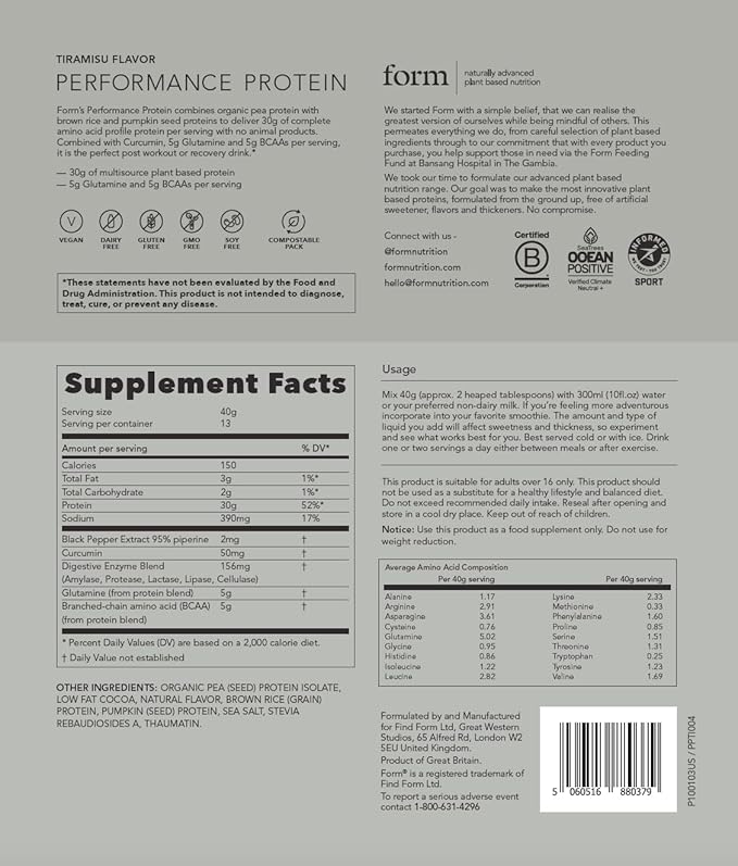 Form Performance Protein - Vegan Protein Powder - 30g of Plant Based Protein per Serving with BCAAs and Digestive Enzymes. Perfect Post Workout. Tastes Great with Just Water! (Tiramisu)