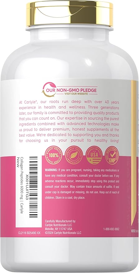 Carlyle Collagen Peptides 6000mg | 400 Caplets | with Vitamin C | Type 1 and 3 | Non-GMO Gluten Free Grass Fed Supplement
