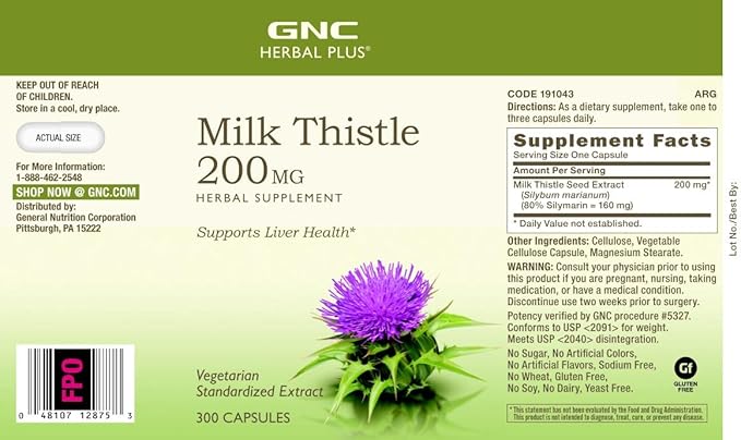 GNC Herbal Plus Milk Thistle 200mg Supplement Vegetarian Supports Healthy Liver Function 300 Servings
