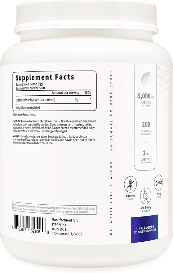 Type Zero Creatine Monohydrate (Unflavored) 1 KG 5000mg (5g) Per Serving Micronized Zero Sugar Keto Friendly &amp Gluten Free 200 Servings
