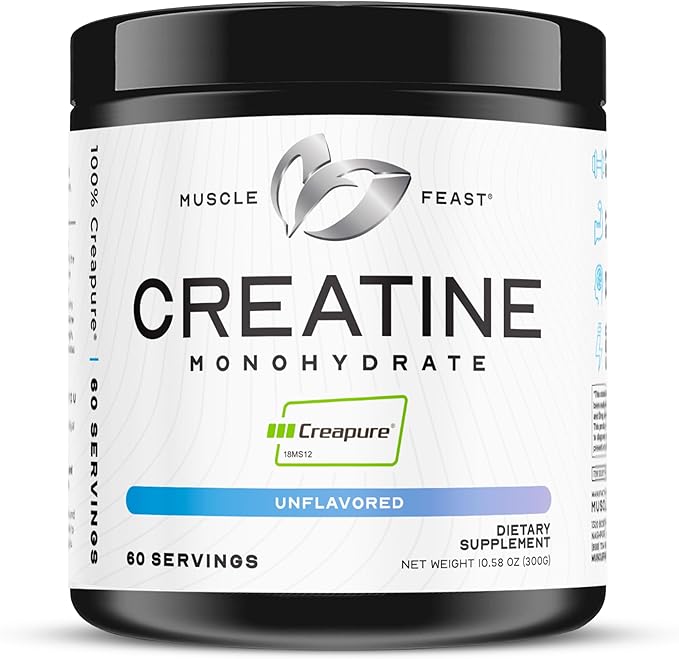 Muscle Feast Creapure Creatine Monohydrate Powder Vegan Keto Friendly Gluten-Free Mass Gainer Muscle Recovery Supplement and Trusted Creatine for Muscle Growth Creatine Powder Unflavored 300g