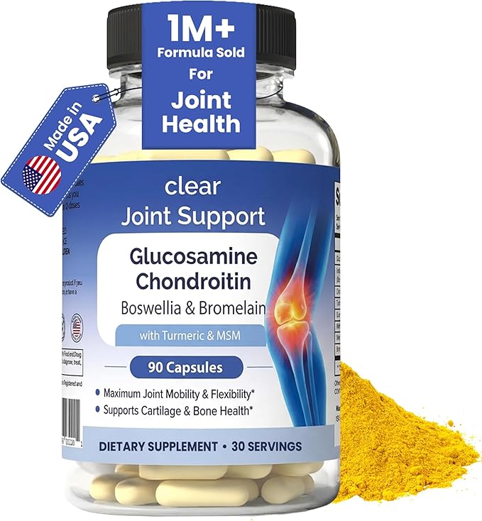 Clear Joint Support - 1500mg Glucosamine Chondroitin MSM - 8 in 1 Joint Health Supplement with Turmeric and Boswellia for Men &amp Women Knee Hip &amp Back Support Made in USA 90 Capsules