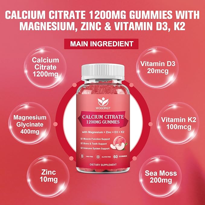 Calcium Citrate 1200mg Gummies with Vitamin D3 K2 - Chewable Calcium Magnesium Zinc d3 Supplement with Sea Moss Extract for Bone Teeth Immune Support for Women &amp Men White Peach Flavor - 60 Gum