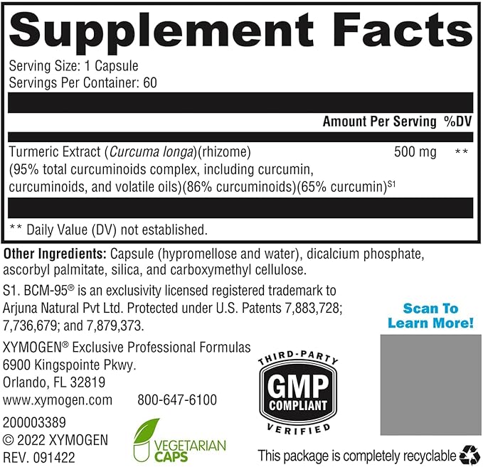 XYMOGEN CurcuPlex-95 - Turmeric Curcumin Supplement for Daily Brain Support* - Enhanced Bioavailability - Non-GMO Gluten-Free Vegan - 60 Capsules