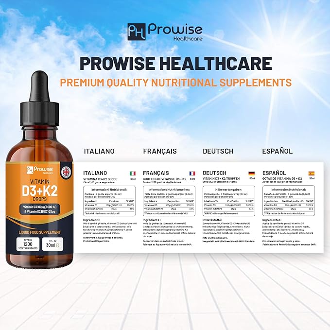 Vitamin D3 4000iu + K2 MK7 25µg I Orange Liquid Drops I High Strength 4000iu D3 + 25µg K2-30ml Bottle I Fast Absorption I 1200 Vegetarian Drops - Made in UK by Prowise Healthcare