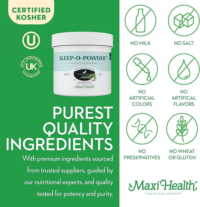 Maxi Health - Sleep Powder with Magnesium Inositol &amp L-Tryptophan - Zero Melatonin Non Habit Forming Sleep Aid - Easy Drink Mix Relaxing Sleep Drink Supplement for Bedtime 4.4 Oz Sleep-O-Powder