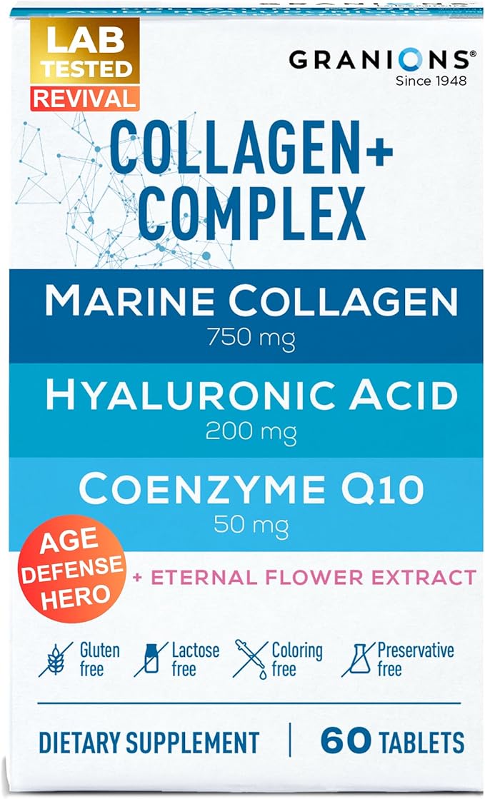 Marine Collagen Pills Complex – 200mg Hyaluronic Acid Supplement Coenzyme Q10 CoQ10 Hydrolyzed Marine Collagen Peptides Eternal Flower Hydration Age Defense Supplements - 60 Sealed Tablets