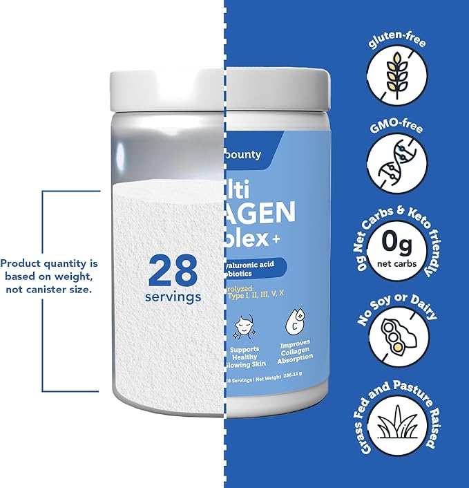 Vitamin Bounty Multi Collagen Peptides Powder for Men &amp Women (Complex Plus) - 5 Types Hydrolyzed Collagen Protein - Probiotics Vitamin C &amp Hyaluronic Acid - Grass Fed Bovine Supplements 28