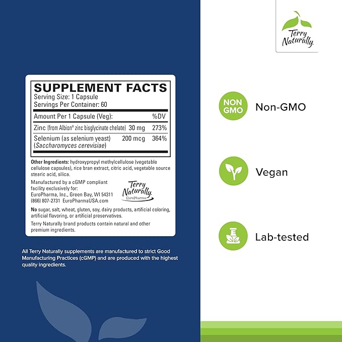 Terry Naturally Zinc Plus Selenium -Immune &amp Respiratory Health Supplement -Mineral Supplement with Zinc Bisglycinate Chelate -Formula with Selenium for Cellular Health Support - 60 Capsules (2-Pa