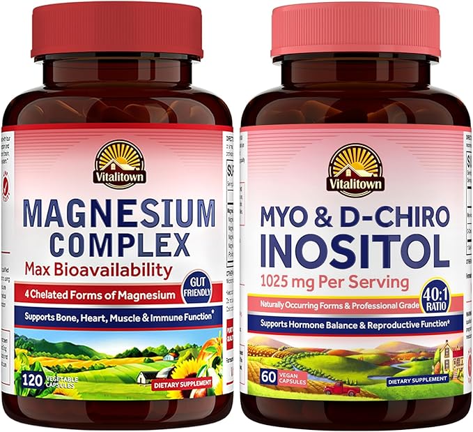 Vitalitown Magnesium Complex &amp Inositol Bundle - 500mg Chelated Magnesium Glycinate + Myo-Inositol &amp D-Chiro for Women Sleep Support Muscle Relaxation &amp Hormone Balance Vegan Non-GMO