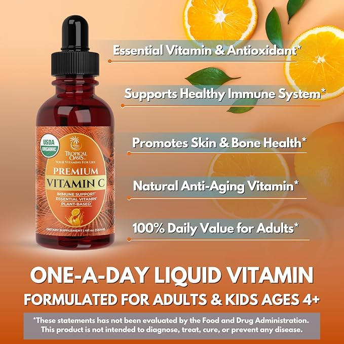 Tropical Oasis USDA Organic Liquid Vitamin C Drops for Adults &amp Kids | Supports Healthy Immune System | 98% Absorption Rate | Vegan | Non-GMO | Gluten Free | 60 Servings