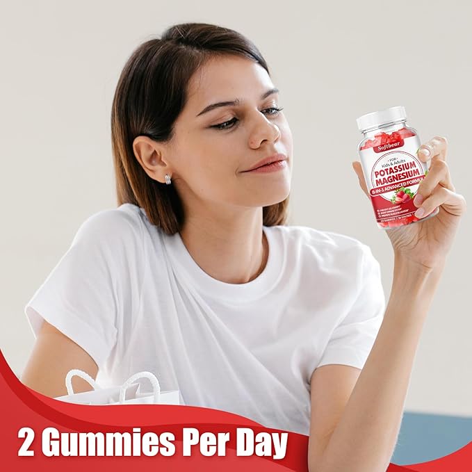 softbear Potassium Gummies for Adults High Absorption Magnesium Potassium Supplement with Vitamin B6 for Leg Cramps &amp Muscle Health Sugar-Free Vegan Strawberry 120 Gummies
