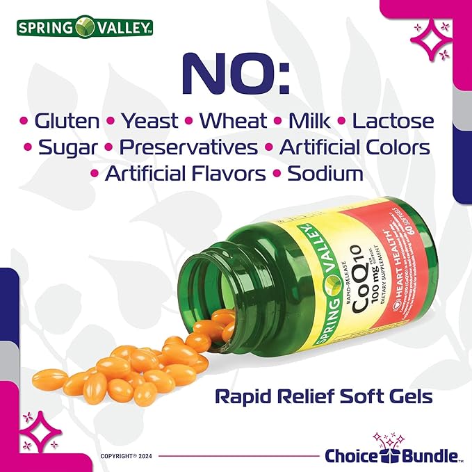 Choice Bundle Spring Valley Rapid-Release CoQ10 Coenzyme Q10 100 mg Softgels 120 CT 2 pk (240 Total) + Vitamin Guide &amp Pill Container (4 Items)!