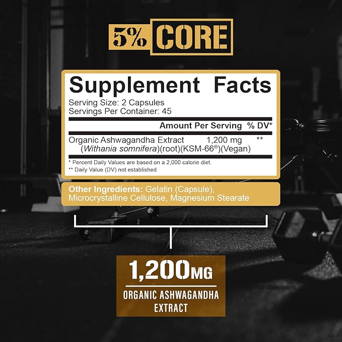 5% Nutrition Core KSM-66 Ashwagandha | 1200mg Organic Ashwagandha Root Powder Extract | High Potency 5% Withanolides (45 Servings 90 Capsules)