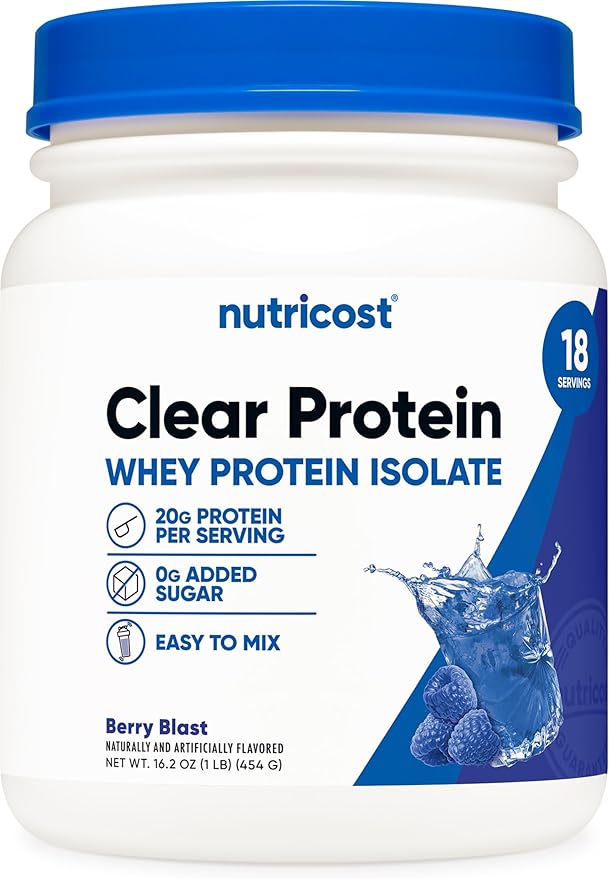 Nutricost Clear Whey Protein Isolate Powder (Berry Blast) 1 LB - 20g of Protein 0g Added Sugar GMO-Free Gluten-Free